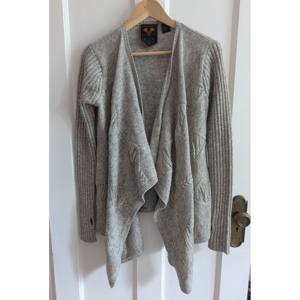 Jamison Wool Cashmere Blend Open Front Draped Cardigan Grey XS Thumbholes